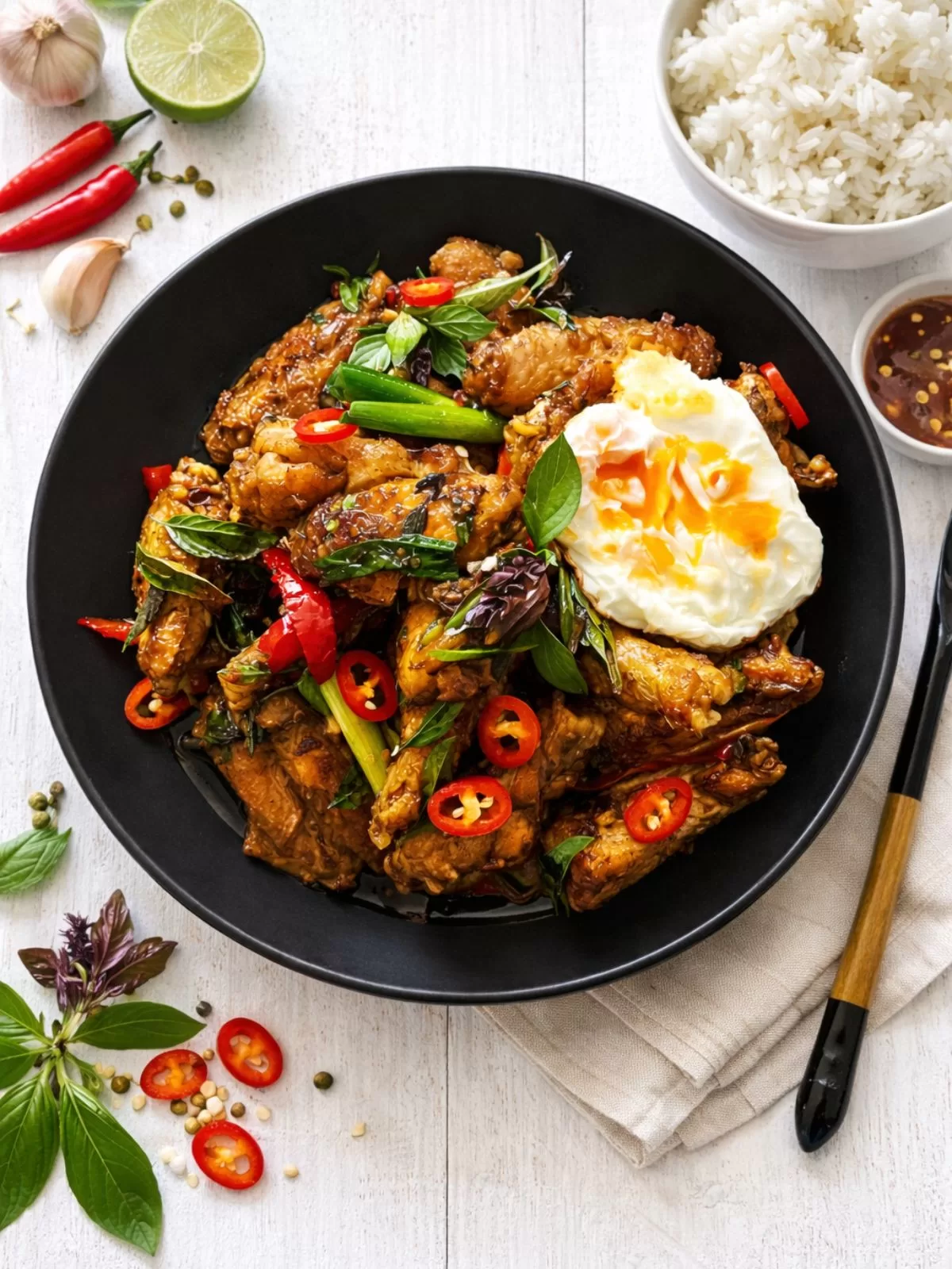 Thai basil chicken wings in a black bowl, glazed and topped with fresh basil, sliced red chillies, and spring onions, served with a runny fried egg on top. The bowl sits on a bright white timber background with natural light, alongside a small bowl of rice and chilli dipping sauce.