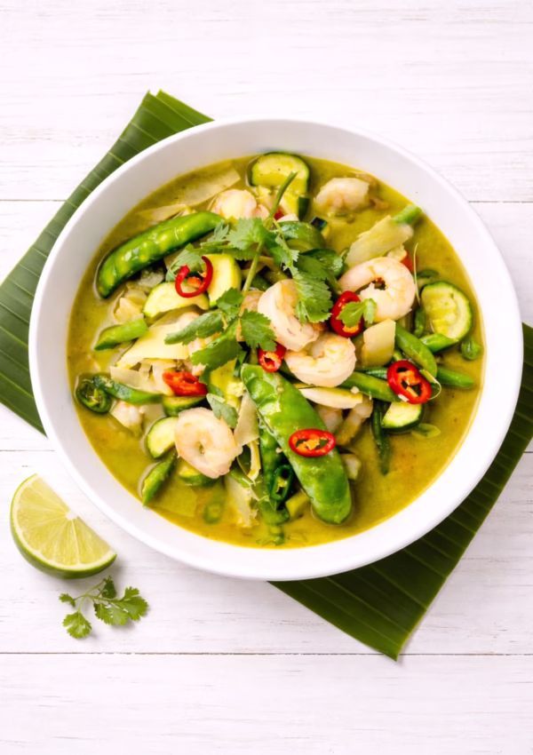 Thai green prawn curry with zucchini, snow peas and bamboo shoots in coconut curry sauce served in a white bowl on a white timber background with a lime wedge and banana leaf.