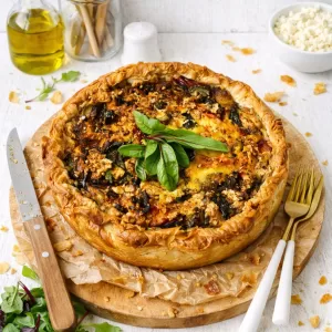 Close-up of a slice of deep-dish roasted vegetable quiche with flaky golden filo pastry, showing layers of roasted pumpkin, zucchini and creamy egg filling, topped with fresh greens, sitting on baking paper with the rest of the quiche softly blurred in the background.