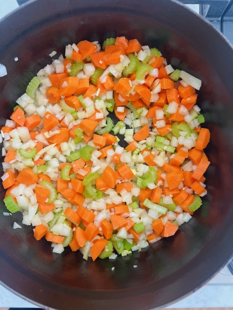 carrot, onion and celery added to saucepan