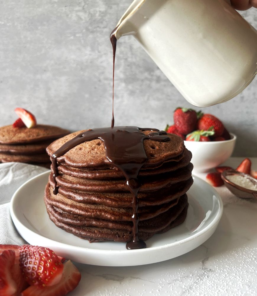 drizzling chocolate buttermilk pancakes with ganache