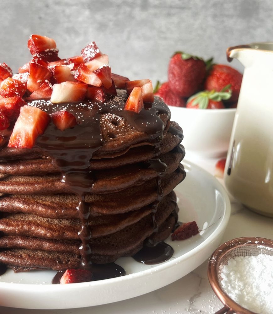close up of chocolate pancake stack