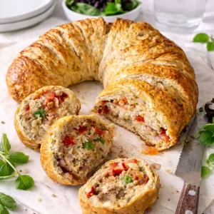 Savoury cheese and bacon crescent ring sliced open on a white timber table, showing the filling, with a knife, small salad and glass of water in the background.