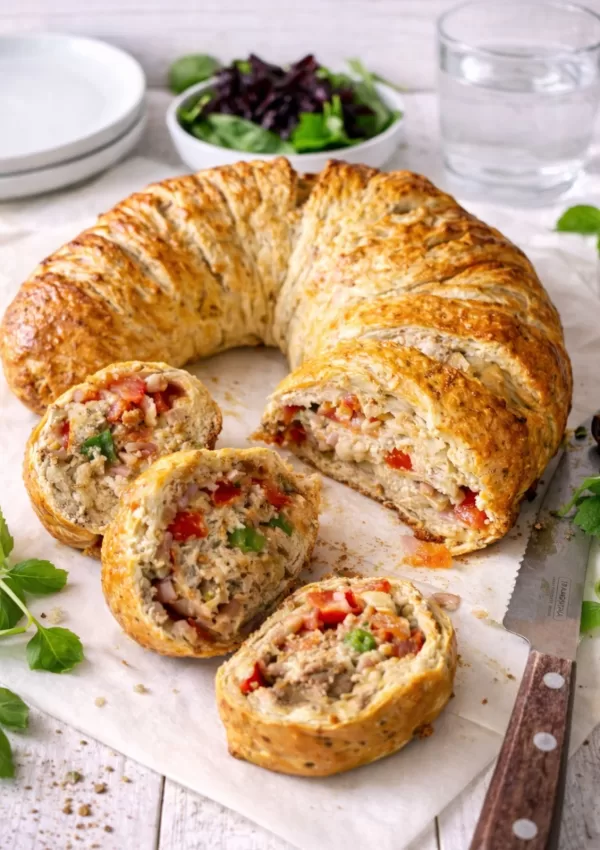 Savoury cheese and bacon crescent ring sliced open on a white timber table, showing the filling, with a knife, small salad and glass of water in the background.