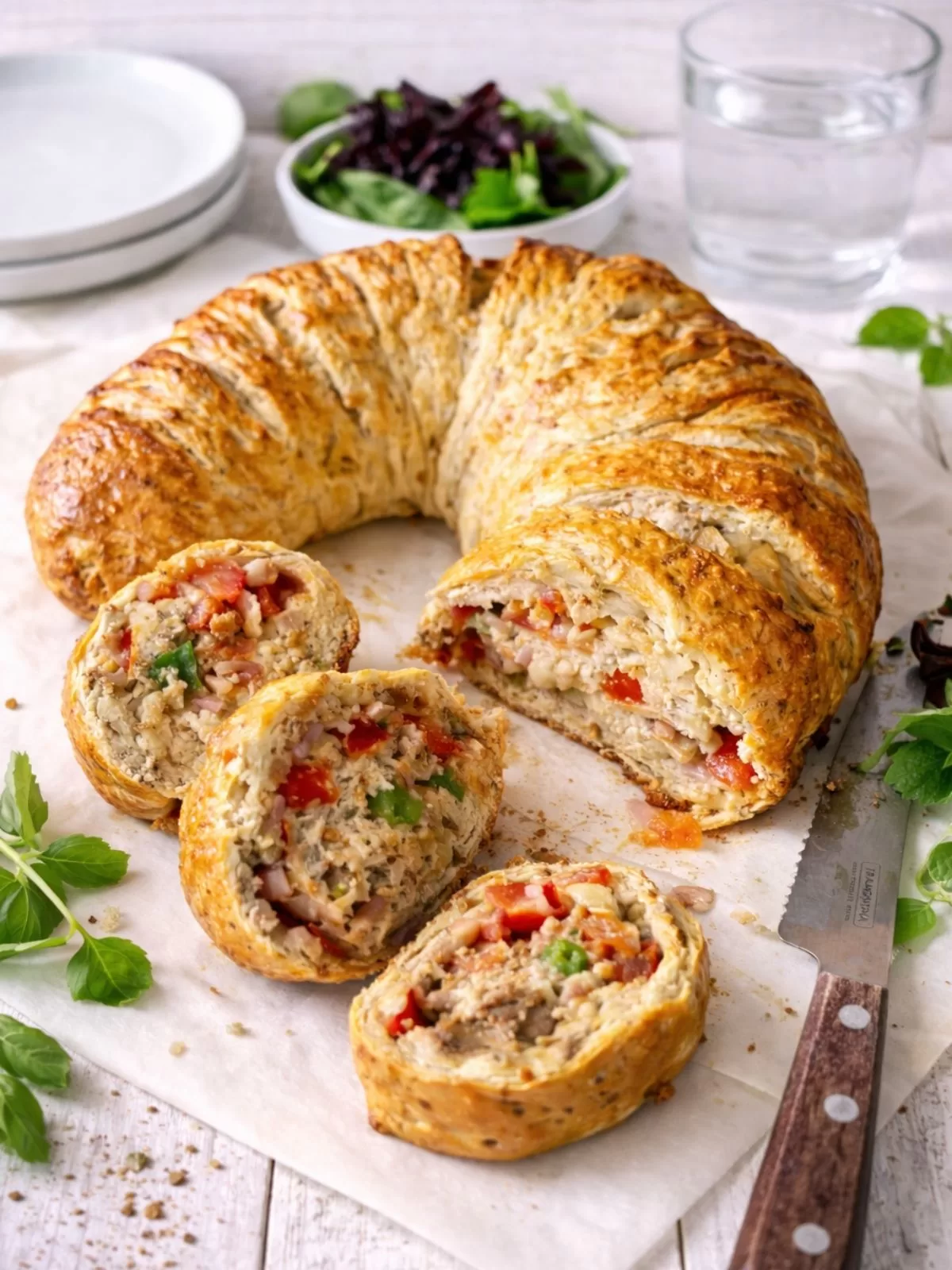 Savoury cheese and bacon crescent ring sliced open on a white timber table, showing the filling, with a knife, small salad and glass of water in the background.