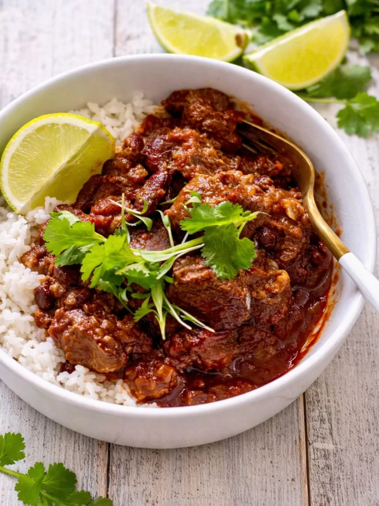 Close-up of slow cooked Mexican chilli beef served over white rice in a white bowl on a rustic white timber table, garnished with fresh coriander and a lime wedge, with extra lime wedges and herbs softly blurred in the background.