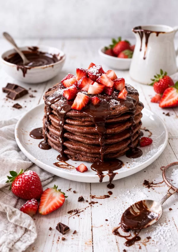 Stack of chocolate buttermilk pancakes topped with chocolate ganache and chopped strawberries on a white plate, set on a white timber background with a small jug of ganache, fresh strawberries and a dusting of icing sugar for a natural, slightly messy look.