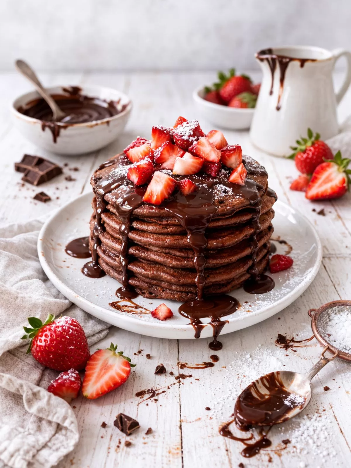 Stack of chocolate buttermilk pancakes topped with chocolate ganache and chopped strawberries on a white plate, set on a white timber background with a small jug of ganache, fresh strawberries and a dusting of icing sugar for a natural, slightly messy look.
Pan heat matters
Cook over medium heat so the centres cook through without burning the outside.
Buttermilk substitute
Mix 3 teaspoons lemon juice or white vinegar with 1 cup milk. Rest 5 to 10 minutes before using.
Freezer friendly
Freeze pancakes with baking paper between each one for quick breakfasts later.
Ganache tip
Pour ganache while warm so it spreads easily and melts into the stac