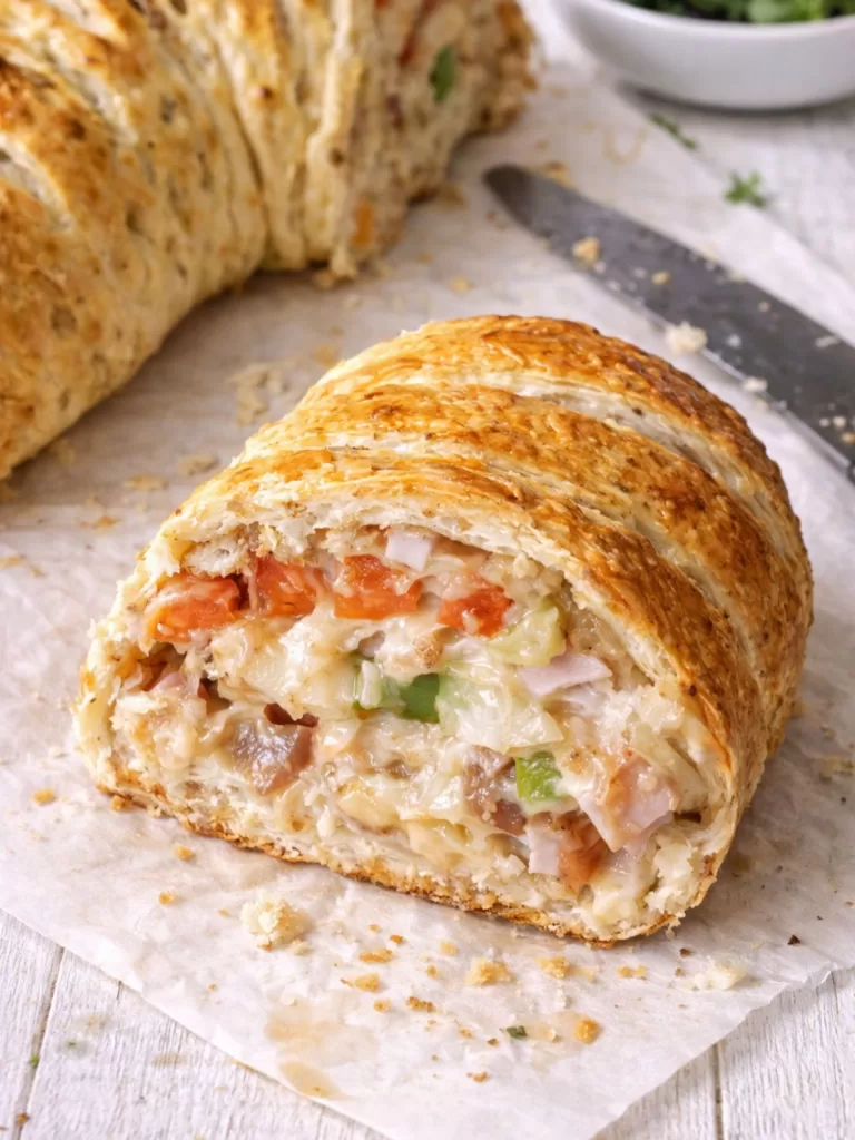 Close-up of a sliced savoury cheese and bacon crescent roll on a white timber surface, showing the creamy filling with ham, capsicum and onion, with the remaining crescent and knife softly blurred in the background.