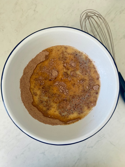 chocolate pancake mix in a bowl