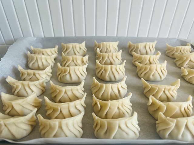 completed dumplings on a tray