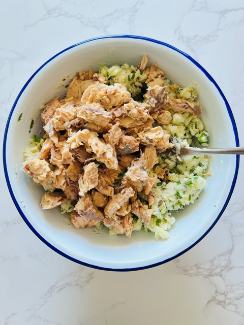 salmon added to mashed potato mix