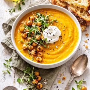 Roasted carrot soup topped with crispy chickpeas, microgreens and a dollop of yogurt in white bowls on a white timber background, styled with sourdough toast, olive oil, sea salt and a linen napkin in soft natural light.
