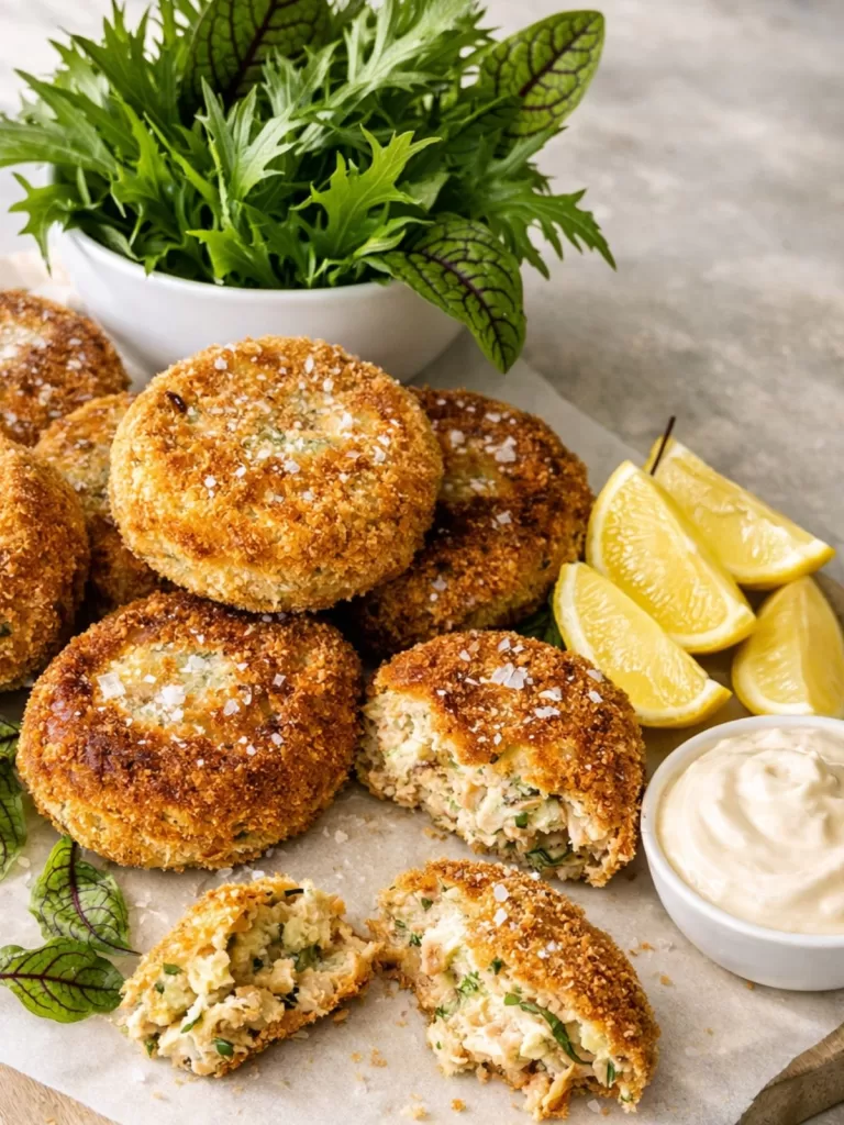 Pan fried salmon and potato cakes on a wood board piled up. A bowl of salad, mayonnaise and lemon wedges around them.