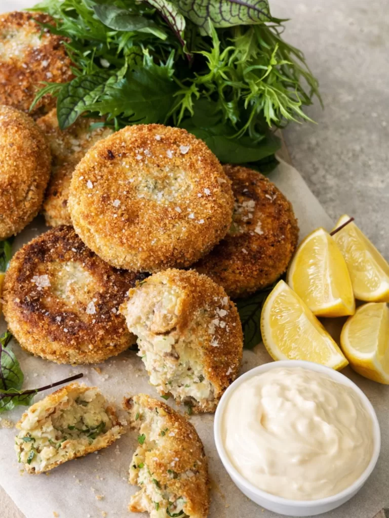 Salmon and potato cakes served on a board with lemon wedges, aioli mayonnaise and salad leaves.