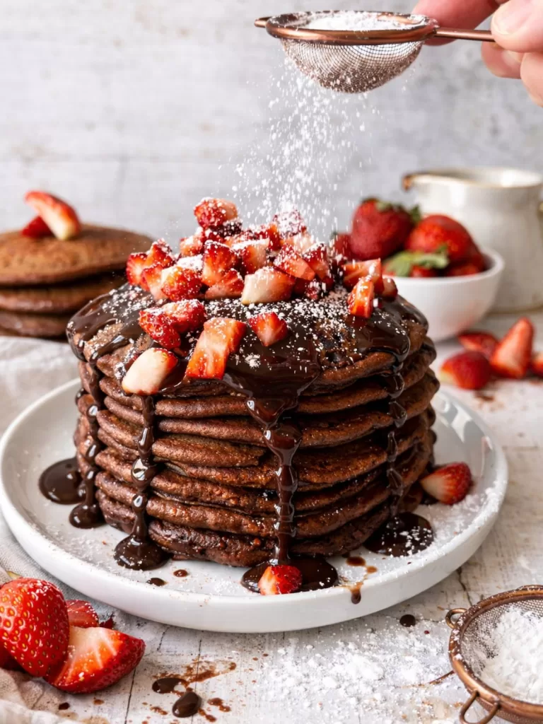 Chocolate buttermilk pancakes stacked on a white plate, dripping with glossy chocolate ganache and topped with chopped strawberries and a ldusting of icing sugar, set on a white timber background with a small jug of ganache and fresh strawberries softly blurred behind.
