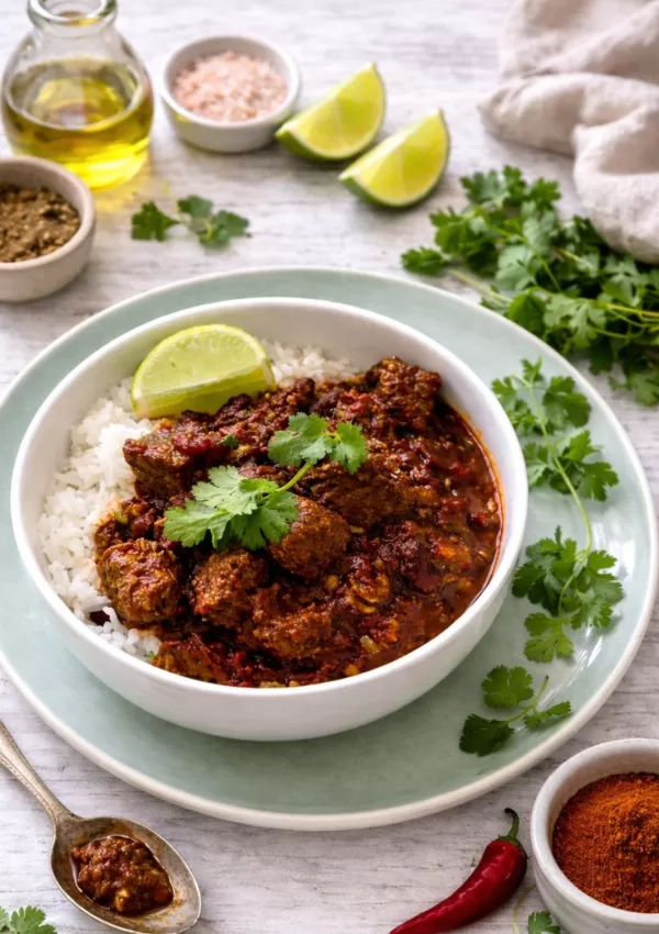 Slow cooked Mexican chilli beef served over white rice in a white bowl on a sage green plate, garnished with fresh coriander and a lime wedge, styled on a rustic white timber table with a small bowl of chilli powder, olive oil, pink salt and a whole red chilli in soft natural light.