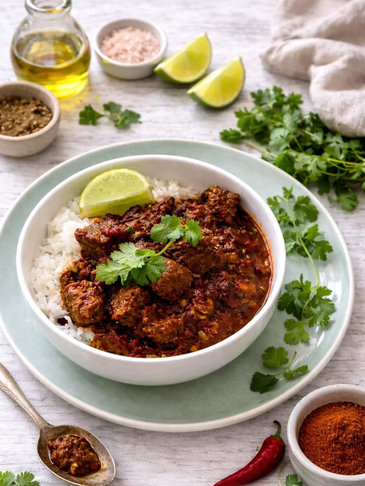 Slow cooked Mexican chilli beef served over white rice in a white bowl on a sage green plate, garnished with fresh coriander and a lime wedge, styled on a rustic white timber table with a small bowl of chilli powder, olive oil, pink salt and a whole red chilli in soft natural light.