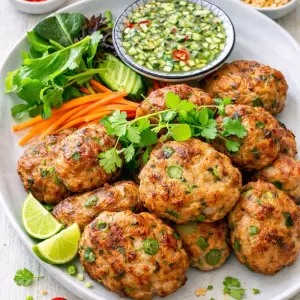 Thai pork cakes served on a white platter with fresh herbs, sliced cucumber and carrot, red chilli, and a bowl of cucumber dipping sauce on a white timber background.