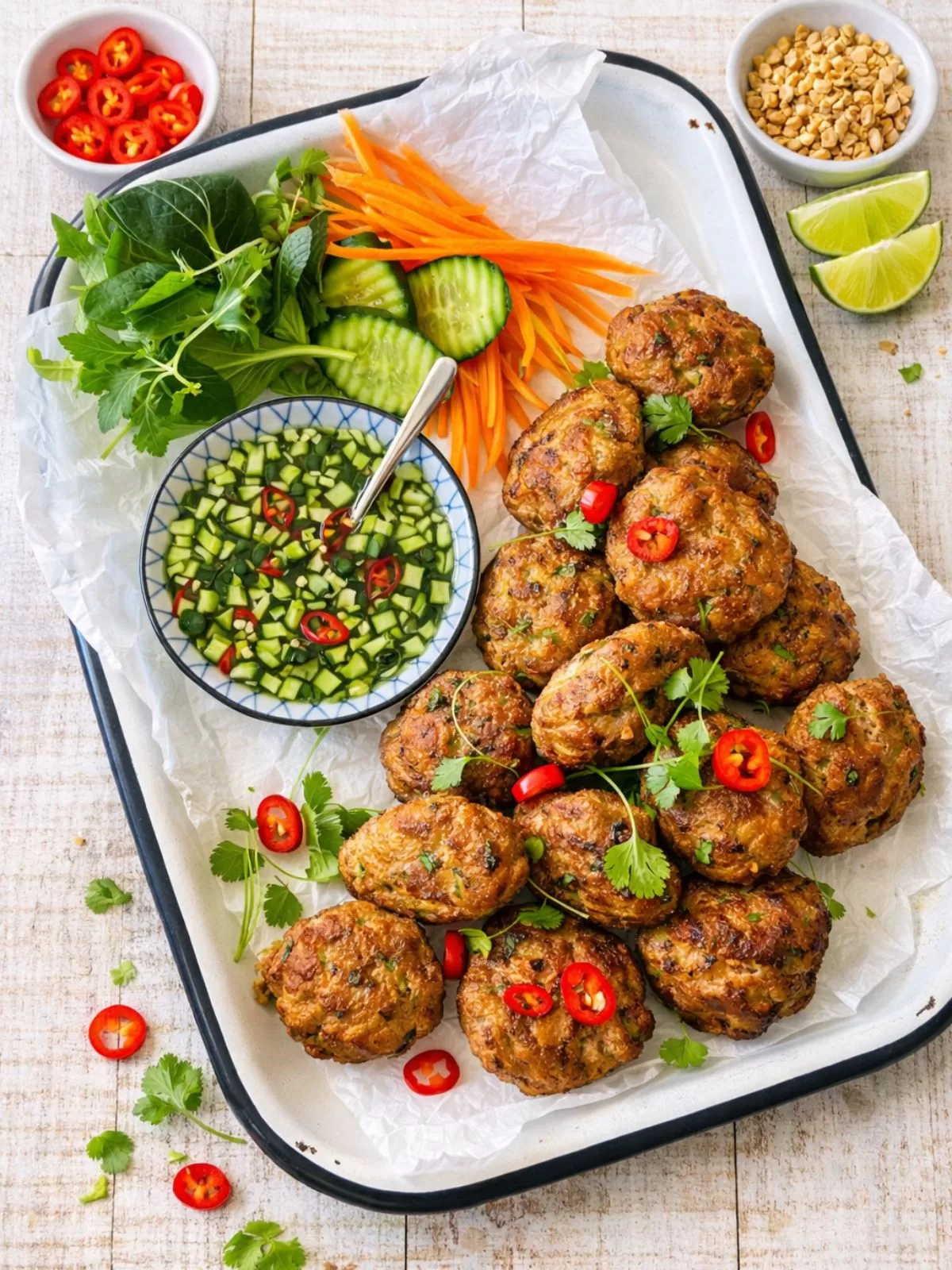 Thai pork cakes served on a white enamel tray with fresh herbs, sliced cucumber and carrot, red chilli, and a bowl of cucumber dipping sauce on a white timber background.