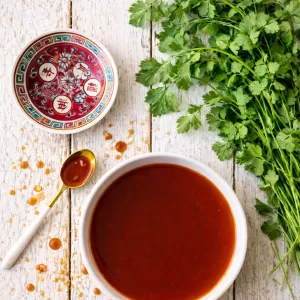 Overhead flat lay of a bowl of glossy sweet and sour sauce on rustic white timber slats, with scattered sauce droplets, a gold spoon with sauce, a small decorative Chinese dish, and a fresh bunch of coriander in natural light.