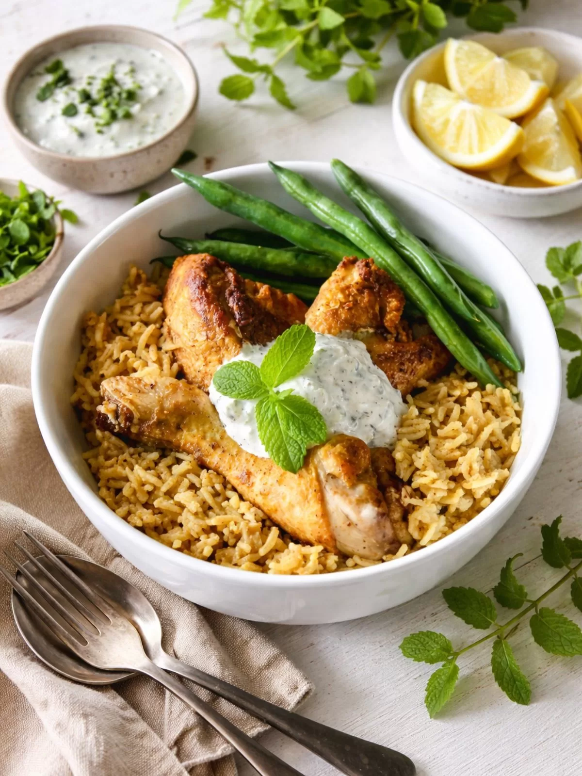 Bowl of curried chicken and spiced rice topped with yogurt sauce and fresh mint, served with green beans on a white timber table with natural light.