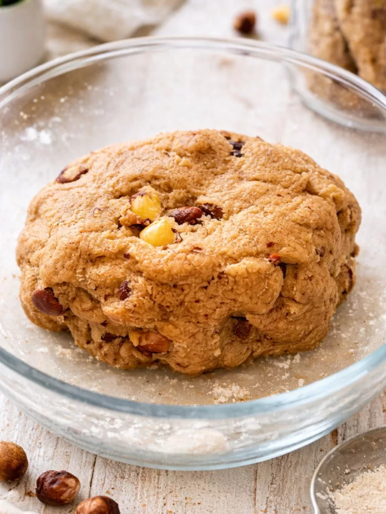 Hazelnut biscotti dough in a glass mixing bowl, speckled with whole hazelnuts and lightly dusted with flour, sitting on a white timber kitchen bench in natural light.
