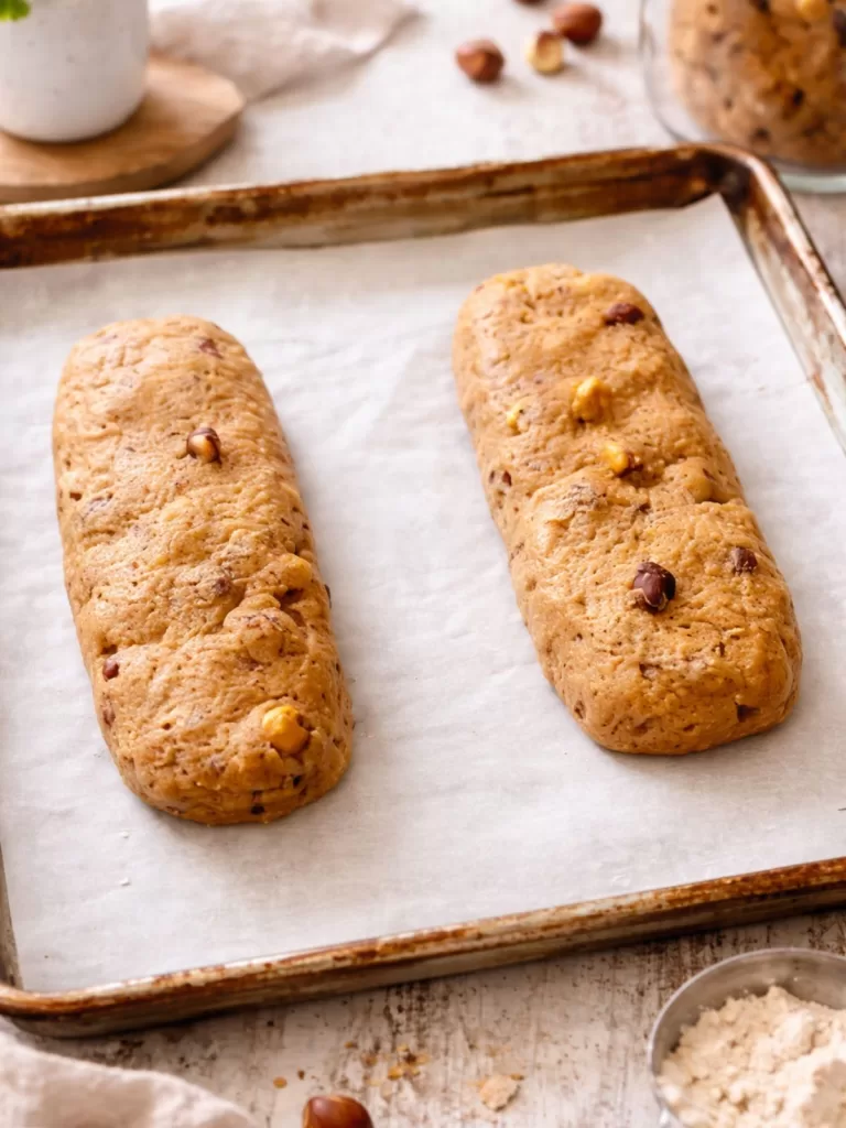 Hazelnut biscotti dough shaped into two logs on a parchment-lined baking tray, ready for baking, photographed from above in soft natural light.