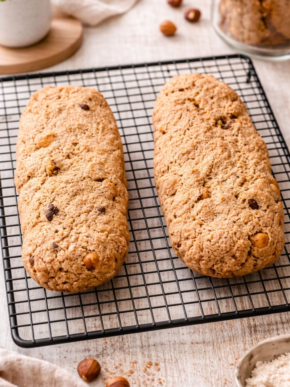 Two baked hazelnut biscotti logs cooling on a wire rack, showing a lightly golden crust and visible hazelnut pieces, set on a white timber kitchen bench in soft natural light.