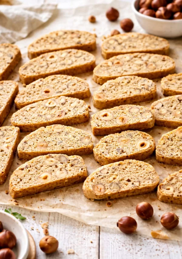 Hazelnut biscotti slices spread out on parchment paper over a white timber table, studded with whole hazelnuts and surrounded by scattered crumbs and bowls of hazelnuts for a natural, rustic kitchen scene.