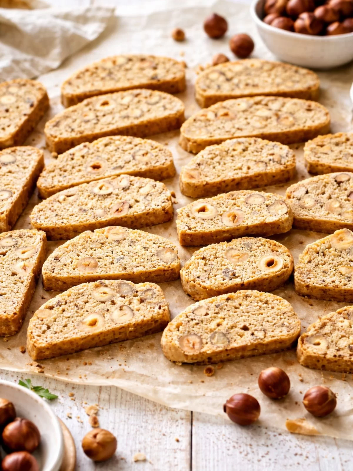 Hazelnut biscotti slices spread out on parchment paper over a white timber table, studded with whole hazelnuts and surrounded by scattered crumbs and bowls of hazelnuts for a natural, rustic kitchen scene.