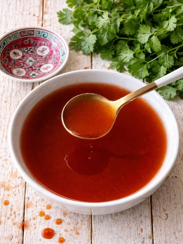 close up of sweet and sour sauce with a spoon being held just above the sauce