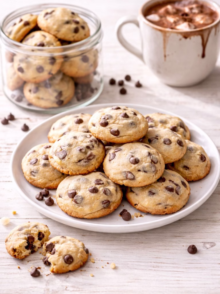 Plate of soft chocolate chip cookies on a white timber table with extra cookies in a glass jar and a mug of hot chocolate in the background.