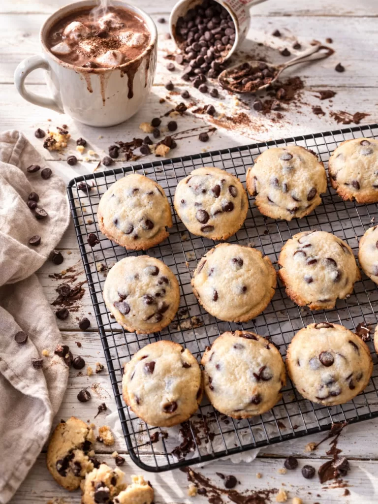 Chocolate chip cookies cooling on a wire rack over a white timber table, with a mug of hot chocolate, a tipped measuring cup spilling chocolate chips, crumbs, and a linen napkin in natural light.