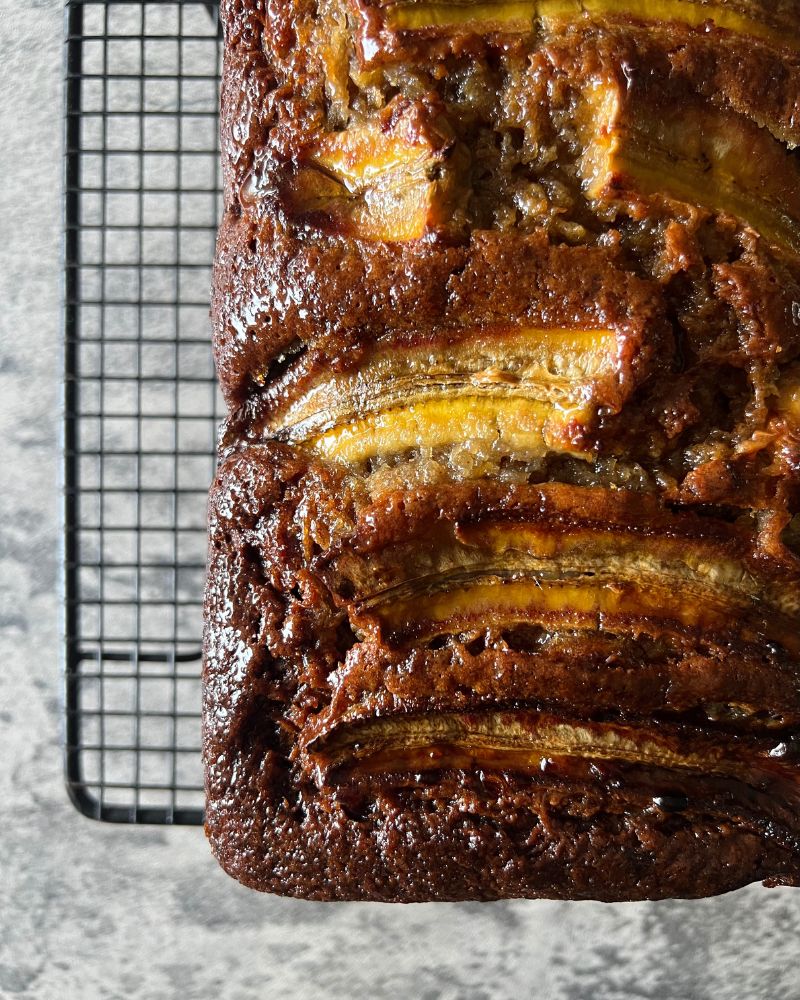 banana loaf on a wire rack