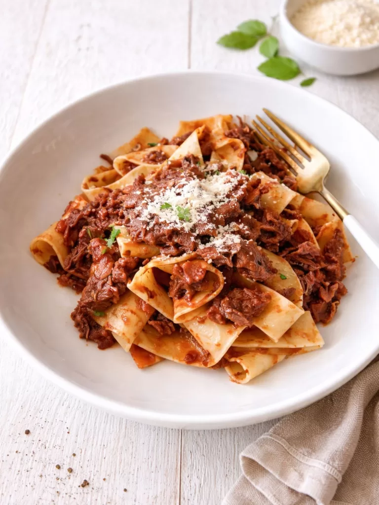 Bowl of slow cooked beef shin ragu with pappradelle pasta.