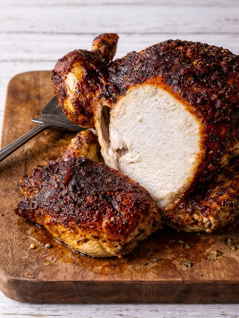 A roast chicken on a wooden chopping board with a slice of meat carved of to the side.