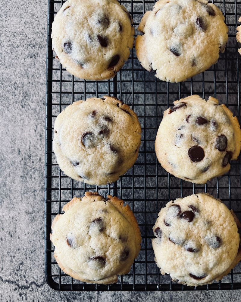 choc chip cookies on a wire rack