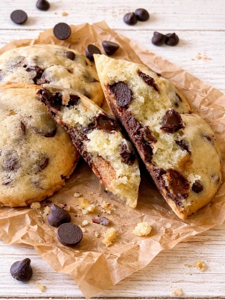 Broken chocolate chip cookie showing a gooey chocolate-filled centre on scrunched baking paper over a white timber surface, with crumbs and scattered chocolate chips.