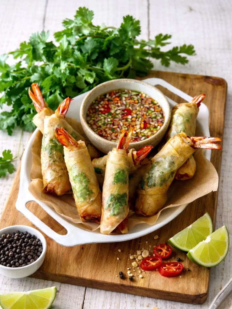 Crispy prawn spring rolls with visible herb-filled rice paper and shrimp tails, arranged on parchment on a wooden board, served with a sweet chilli dipping sauce, fresh coriander, lime wedges and sliced red chilli on a white timber background, with a small bowl of black peppercorns on the side.