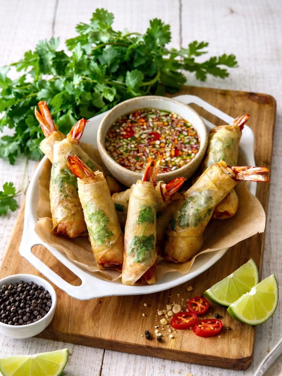 Crispy prawn spring rolls with visible herb-filled rice paper and shrimp tails, arranged on parchment on a wooden board, served with a sweet chilli dipping sauce, fresh coriander, lime wedges and sliced red chilli on a white timber background, with a small bowl of black peppercorns on the side.
