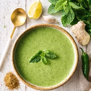 mint chutney in a bowl on white background