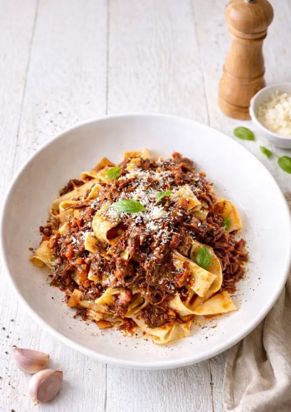 Fall-apart beef shin ragu tossed through pappardelle pasta in a white bowl