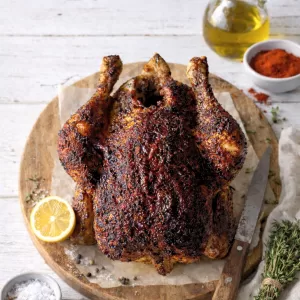 Roast chicken on baking paper sitting on top of a wooden board. Lemon half, salt and pepper, fresh thyme surrounding the chicken on a white timber background.