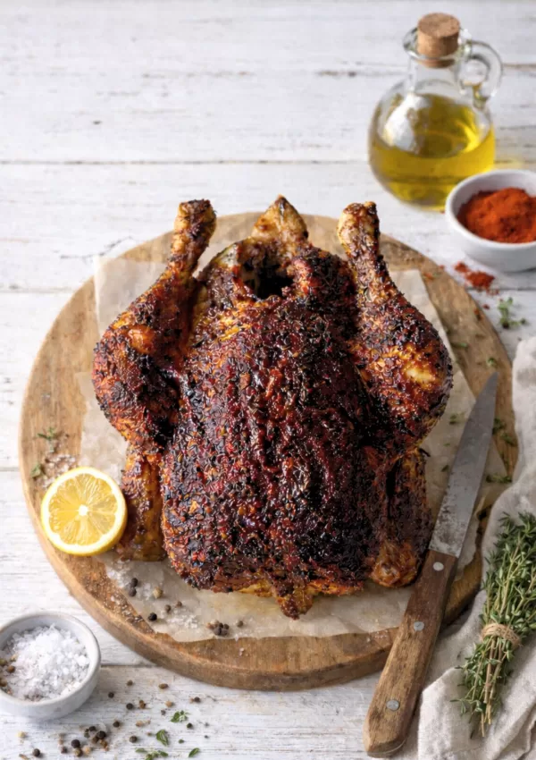 Roast chicken on baking paper sitting on top of a wooden board. Lemon half, salt and pepper, fresh thyme surrounding the chicken on a white timber background.
