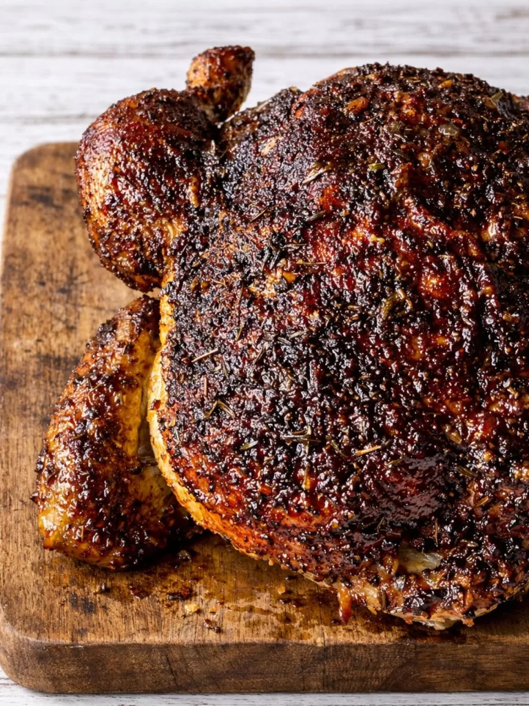 Spiced roast chicken on wooden chopping board.