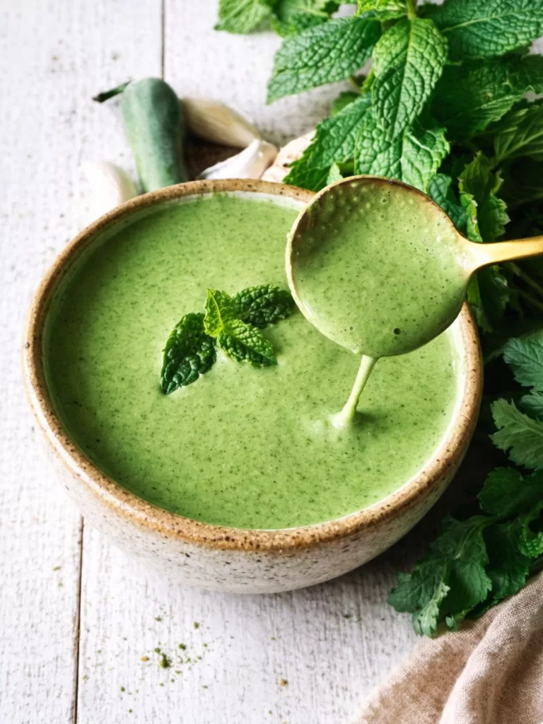 Close-up of creamy green mint chutney in a rustic ceramic bowl, with a gold spoon lifting the sauce, styled on a white timber background with fresh mint, garlic cloves, ginger, and green chilli in soft natural light.