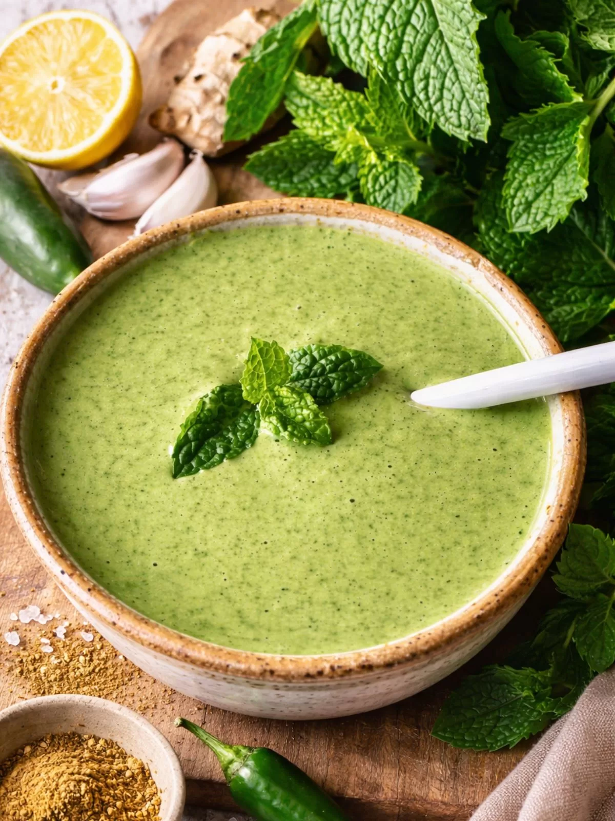 Overhead close-up of a rustic ceramic bowl filled with smooth, vibrant green mint chutney, garnished with fresh mint leaves and styled on a white timber surface with ground cumin, garlic cloves, fresh ginger, a lemon half, and green chilli in soft natural light.