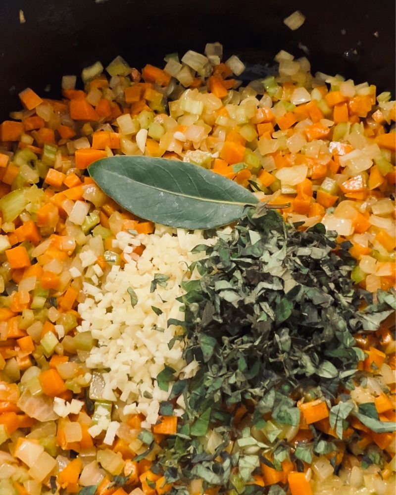 vegetable mireproix in a pan
