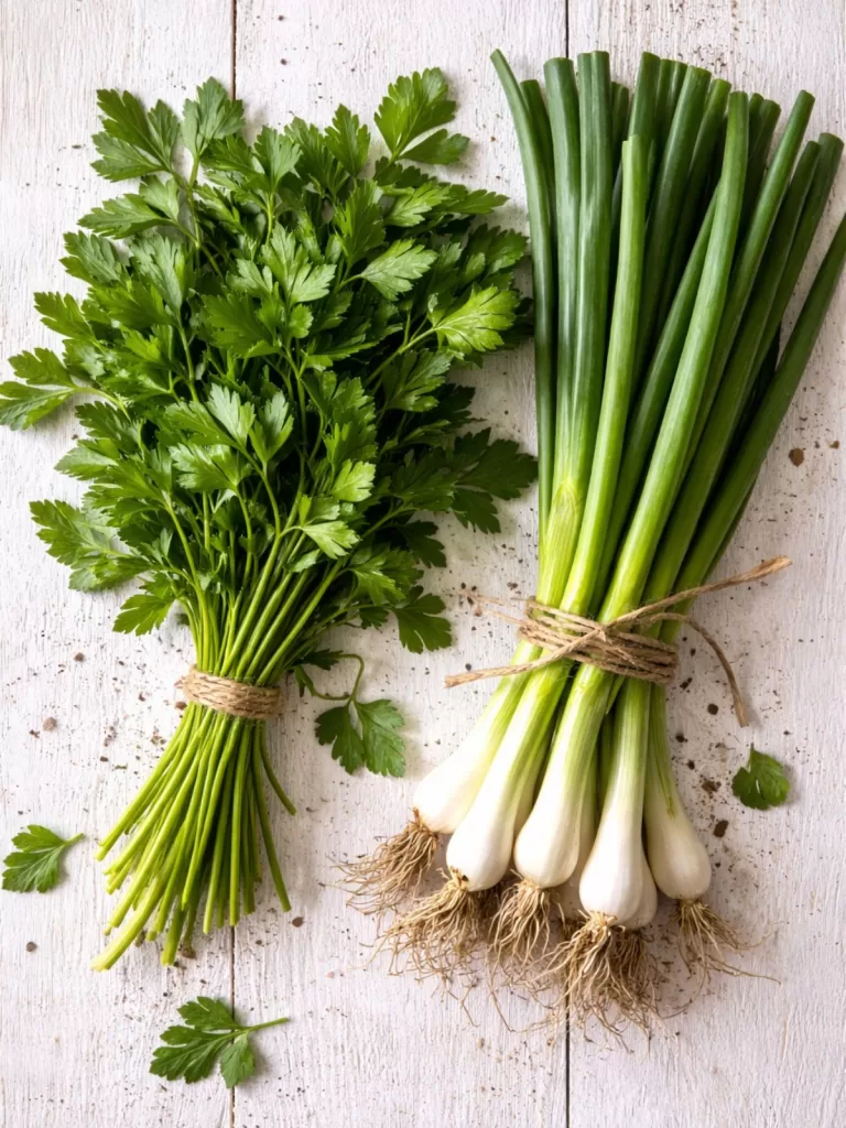 bunch of flat leaf parsley and a bunch of spring/green onions tied up in bundles on white timber background.